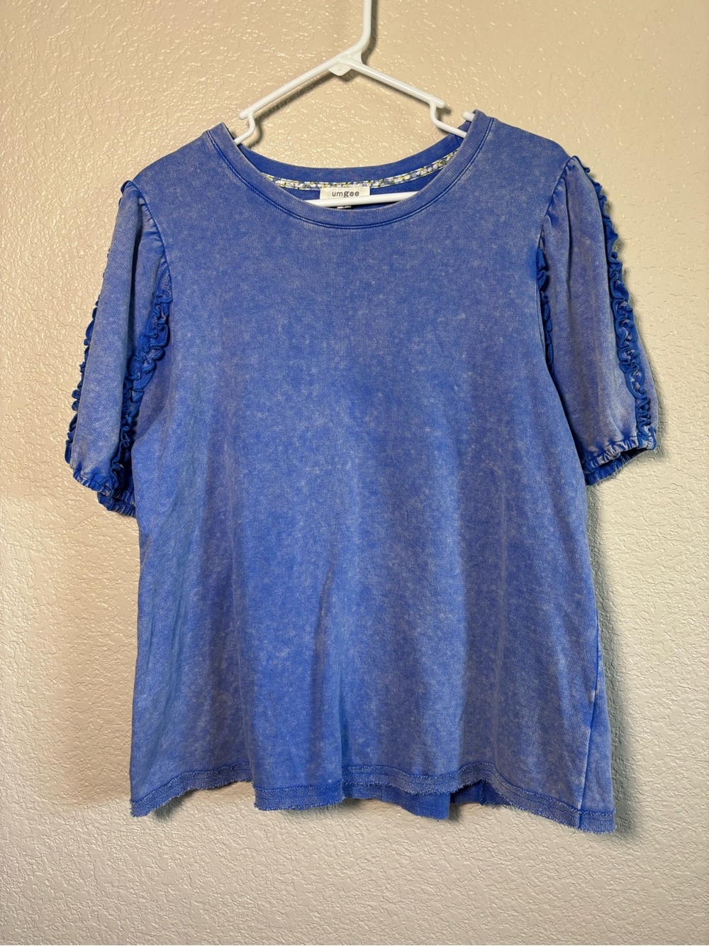 Umgee Mineral Wash Blue Ruffle Sleeve Tee